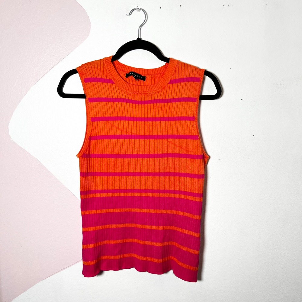 Orange Pink Striped‎ Ribbed Knit Tank Top Sz Large Colorful Retro 70s Inspired